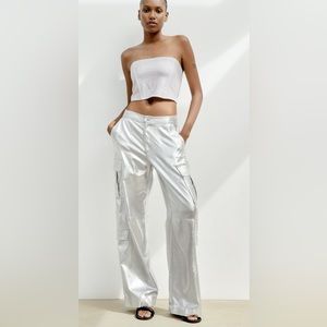 Zara Silver Cargo High Waist Pants sz M